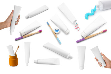 Set of toothpaste and brushes isolated on white