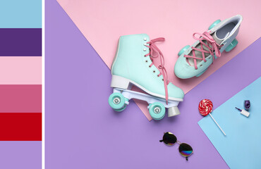 Vintage roller skates, lollipop and accessories on color background. Different color patterns
