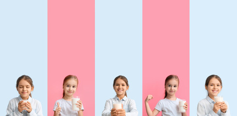Set of little girls with fresh milk on colorful background