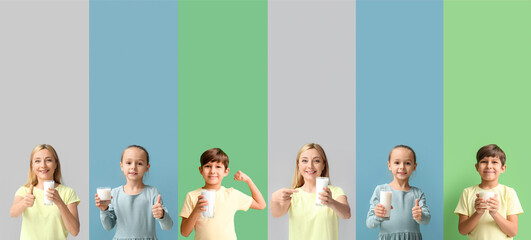 Set of people with fresh milk on colorful background