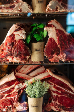 Big chunks of raw dry-aged steak meat