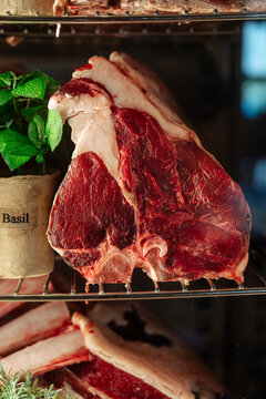 Big chunks of raw dry-aged steak meat