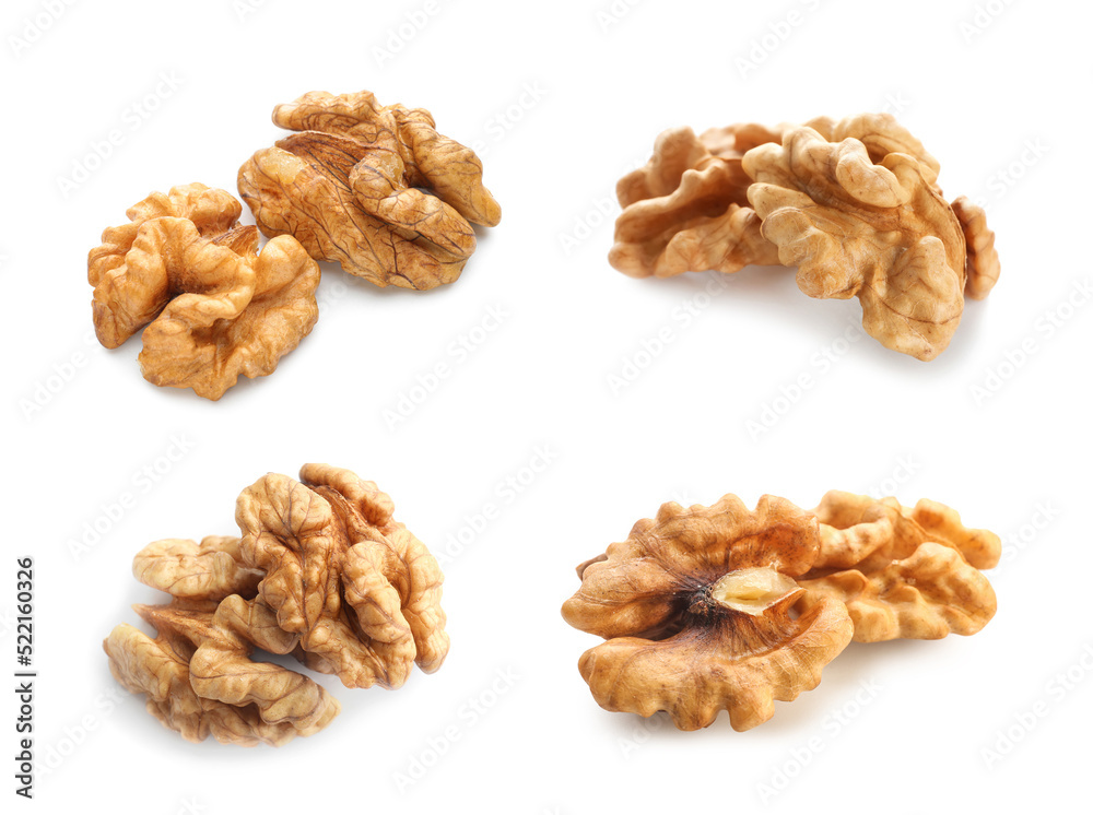 Wall mural Set of tasty peeled walnuts isolated on white - Wall murals