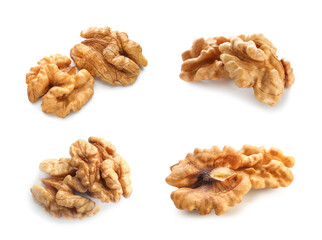 Set of tasty peeled walnuts isolated on white