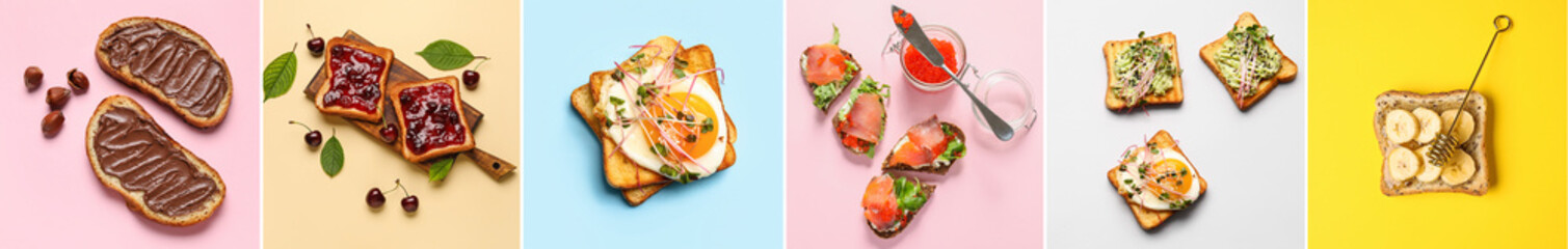 Collage of tasty sandwiches with fried egg, salmon, red caviar, jam and chocolate paste on color background, top view