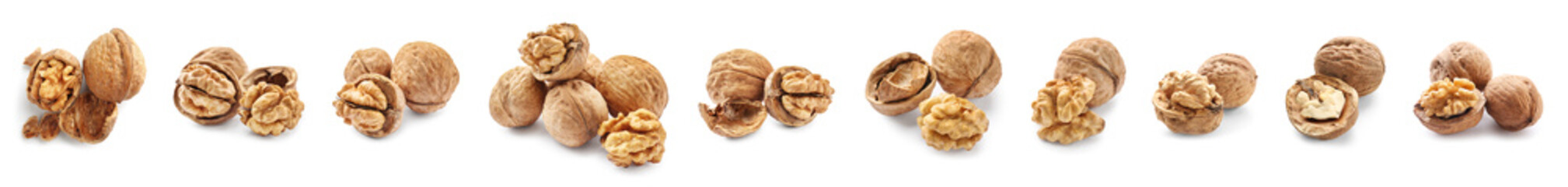 Set of tasty walnuts isolated on white