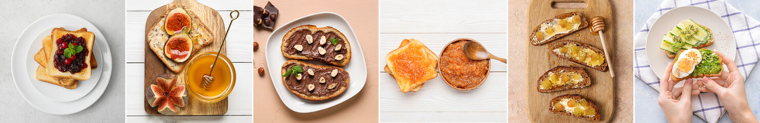 Set of tasty toasts with egg, avocado, butter, cheese, honey, jams and chocolate paste on light background, top view