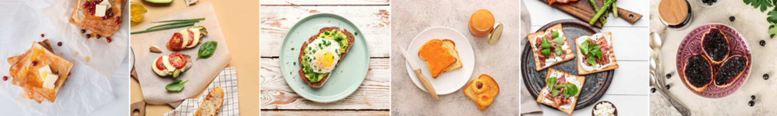 Set of tasty toasts with egg, avocado, bacon, cheese and jams on light background, top view