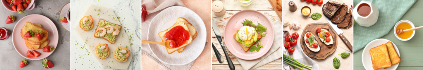 Fototapeta na wymiar Set of tasty toasts with egg, avocado, shrimps, honey and jams on light background, top view