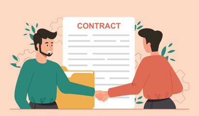 Men conclude contract. Partnership and cooperation of companies, businessman and investor shake hands. Documents and legal protection of deal, successful negotiations. Cartoon flat vector illustration