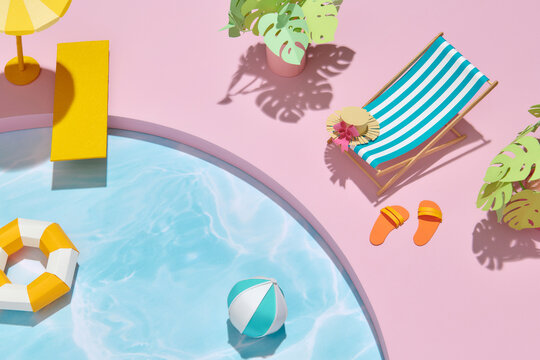 top view pool lifebuoy and umbrellas vacations summer time