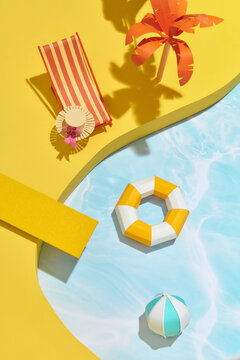 Modern summer poster design flip flops, swimming pool and beach