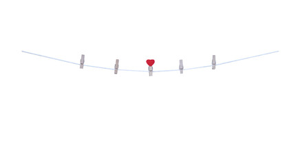 Five wood clothes clip with red heart shape patterns in the middle hanging on white string line isolated on white background , clipping path