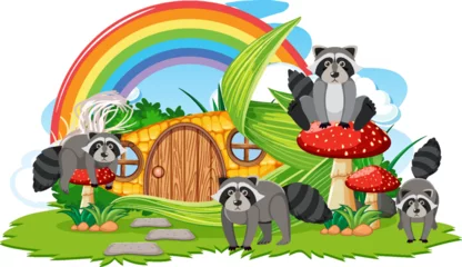 Raccoon group with corn house © blueringmedia