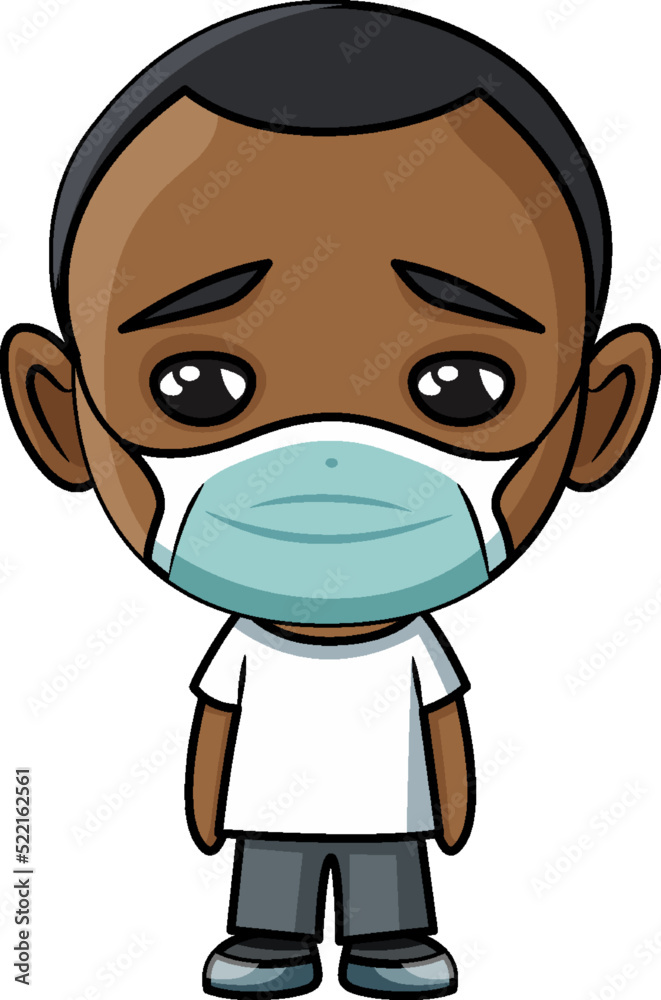 Poster African boy patient wearing mask cartoon character