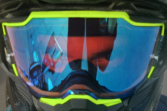 eyes through a helmet closeup
