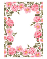 Pastel pink flower frame illustration with roses, green leaf branches for wedding stationary, greeting card decoration, feminine and beauty element isolated on white background