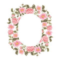 Pastel pink flower frame illustration with roses, green leaf branches for wedding stationary, greeting card decoration, feminine and beauty element isolated on white background
