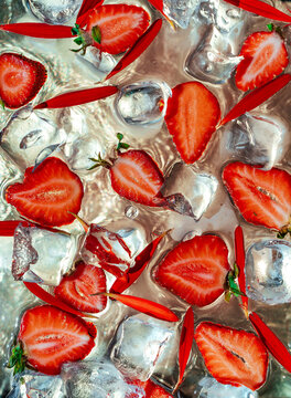 Strawberries on a tray with ice.