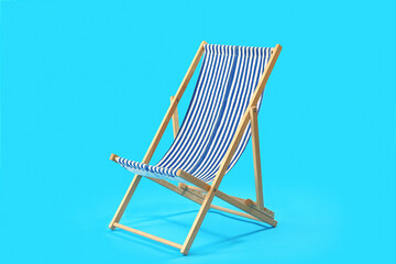 Wooden deck chair on blue background