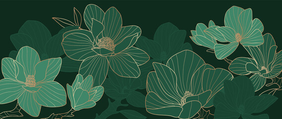 Golden floral line art vector in green background. Luxury watercolor wallpaper with magnolia flowers, leaves and branch in hand drawn. Elegant design for banner, invitation, packaging, wall art. - obrazy, fototapety, plakaty