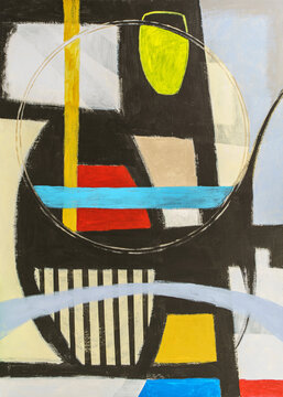 A slightly sinister abstract painting, with a mix of linear and round.