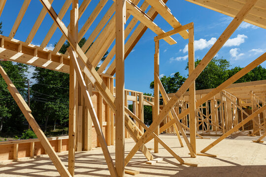 Residential Wood House Frame Under Construction 