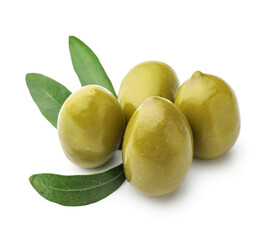 Tasty canned green olives isolated on white