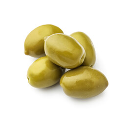 Tasty canned green olives isolated on white