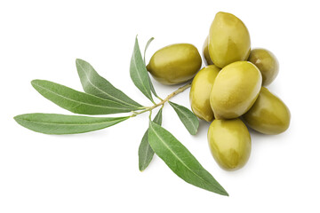 Tasty canned green olives isolated on white
