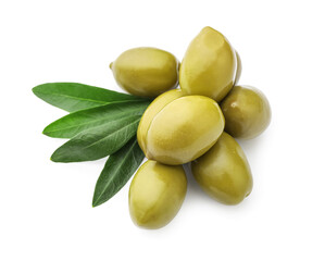 Tasty canned green olives isolated on white