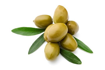 Tasty canned green olives isolated on white