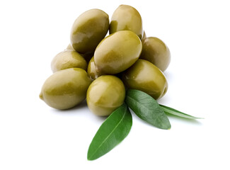 Tasty canned green olives isolated on white