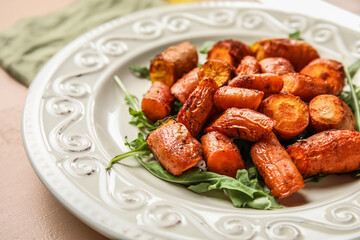 Plate of tasty baked carrots, closeup