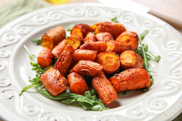 Plate of tasty baked carrots, closeup