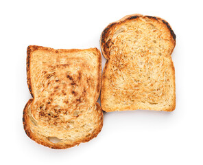 Slices of tasty toasted bread isolated on white background
