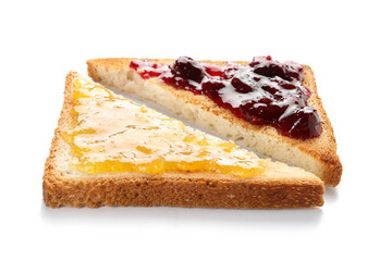 Pieces of toasted bread with jam isolated on white background