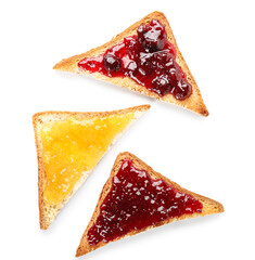 Pieces of toasted bread with jam on white background