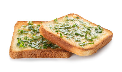Slices of toasted garlic bread with parsley on white background