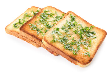 Slices of delicious toasted garlic bread with parsley isolated on white background