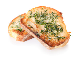 Slices of toasted garlic bread with dill on white background
