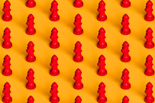 3d pattern of many red hydrants