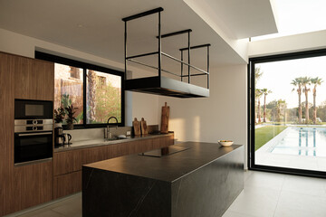 Luxury wooden kitchen and black countertop