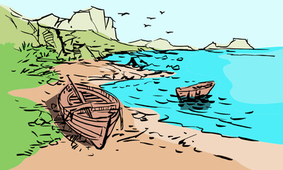 boat on the beach vector for card illustration background
