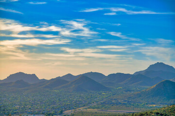 Silhoutte of mountain ranges against the sunset sky in Tucson, Arizona