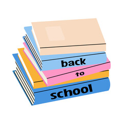 Stack of books to read. Text: Back to school. Set of literature, pile of multi-colored textbooks for education, notebooks, planners. Flat vector illustration isolated on white background.