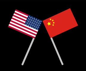 USA and China flags together. simple flat vector design. isolated black background. eps10.