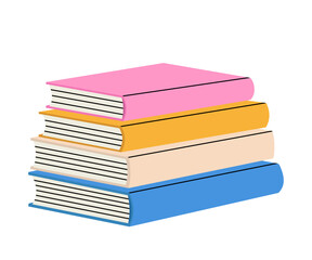 Stack of books to read. Multicolored set of literature, textbooks, notebooks, planners. Books stacked on top of each other. Flat vector illustration isolated on white background.