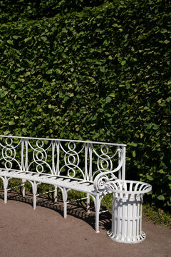 White bench with the bush background. 