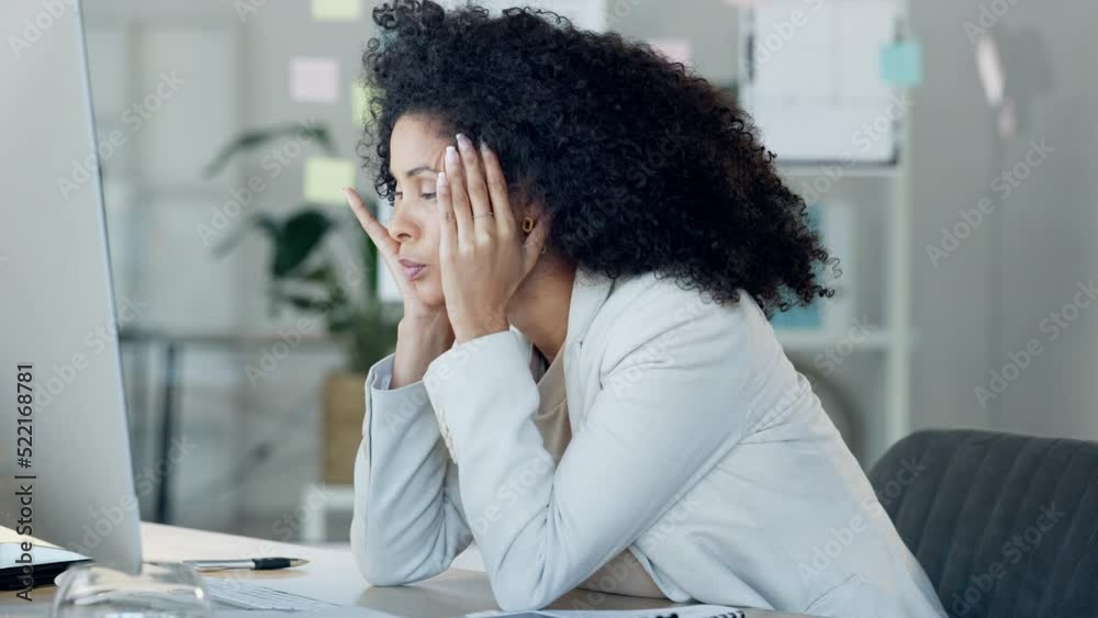 Poster stressed, tired and unhappy businesswoman with headache looking at screen in office. exhausted emplo